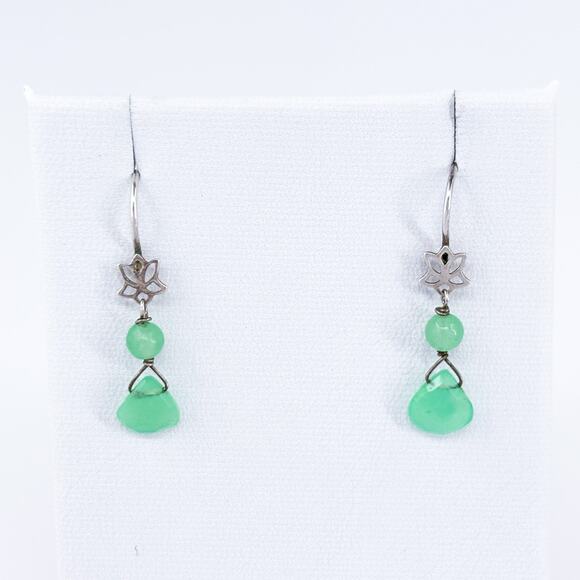 Vintage Sterling Silver 925 Chrysoprase Earrings | Dainty Green Gemstone Drops - Picture 2 of 6